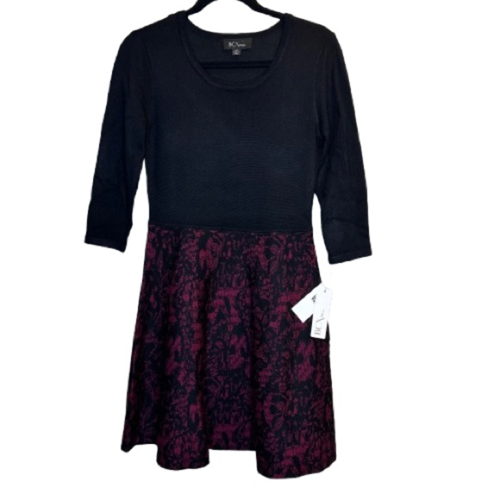 NWT BCX Junior's 3/4 Sleeve Lace Skirt Sweater Dress Black/Burgundy Size M